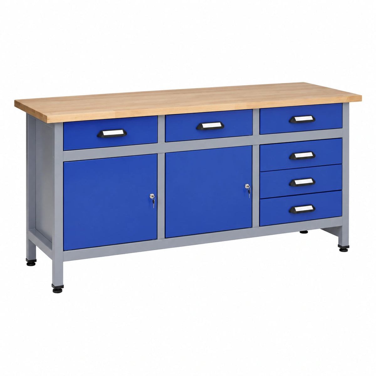 Banco da lavoro Küpper in faggio massiccio, 6 cassetti e 2 porte, capacità 300 kg, blu oltremare