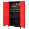 Armadio in acciaio rosso e nero con cassetti estraibili 90x40x180 cm, carrello da officina richiudibile