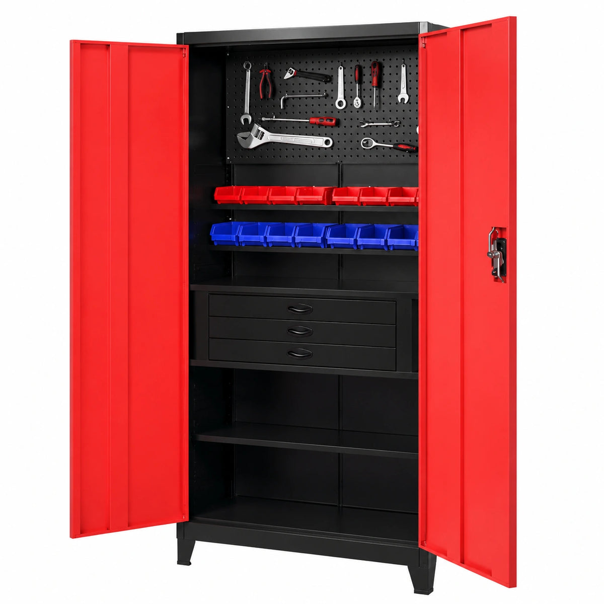 Armadio in acciaio rosso e nero con cassetti estraibili 90x40x180 cm, carrello da officina richiudibile