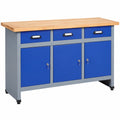 Tavolo da lavoro blu navy con ripiani e cassetti, 170 cm