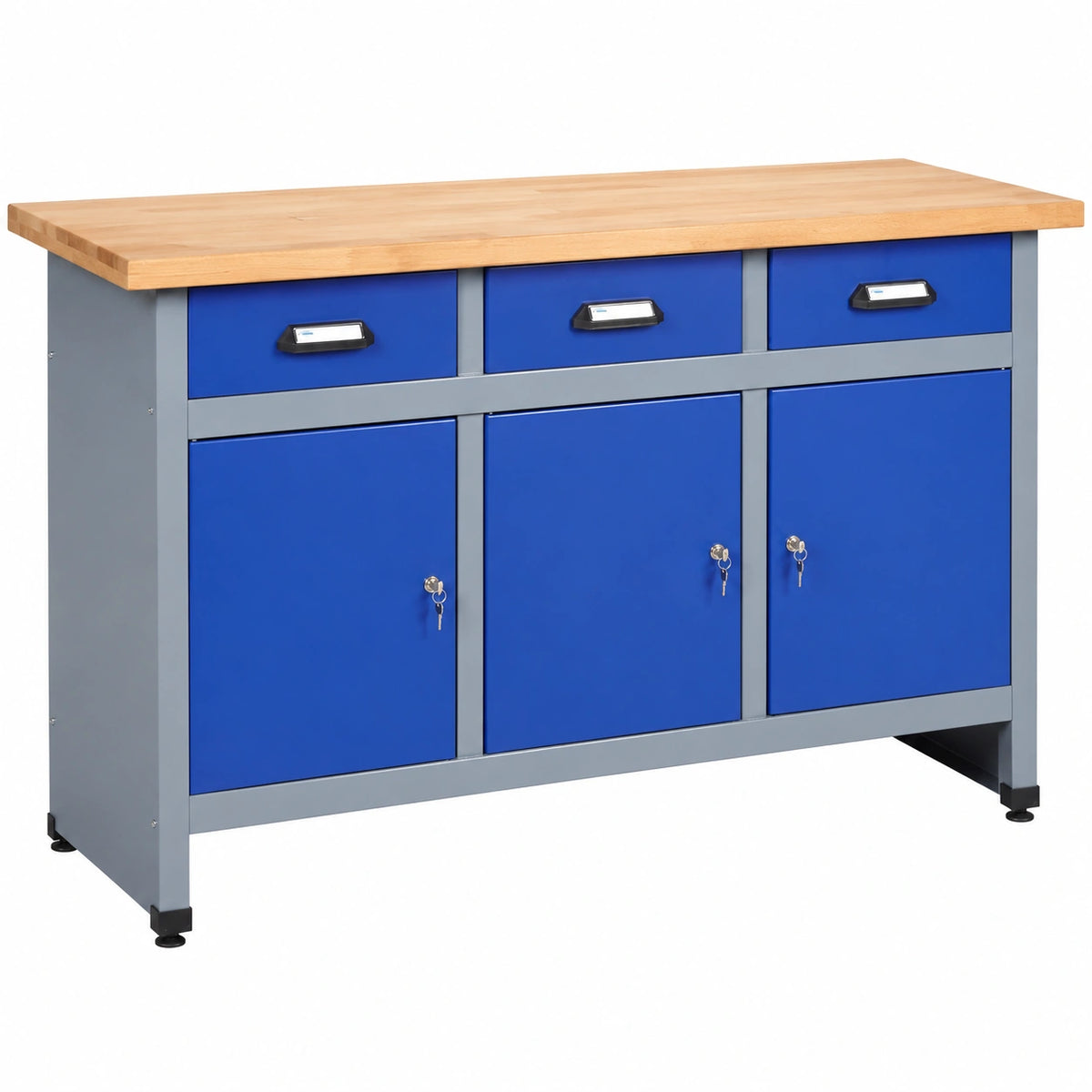 Tavolo da lavoro blu navy con ripiani e cassetti, 170 cm