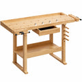 Tavolo da Lavoro in Legno Rubberwood con Ripiano e Morsa 145x49x86cm