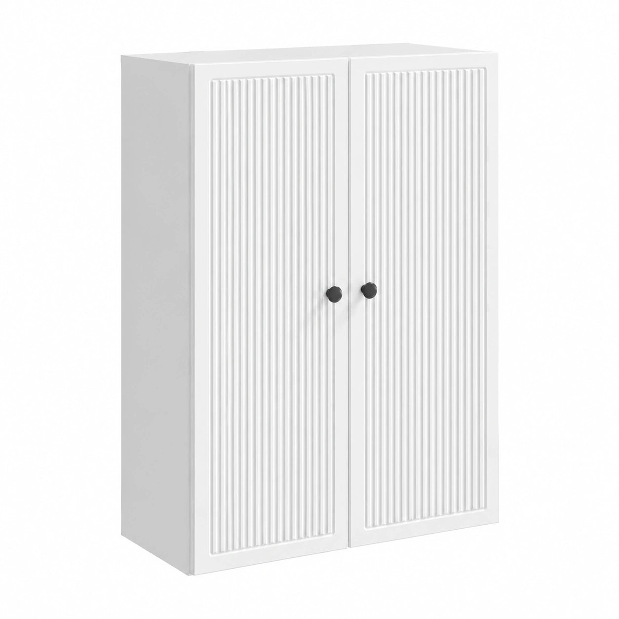 Credenza a muro in legno bianco lucido con maniglie in metallo e doppie ante