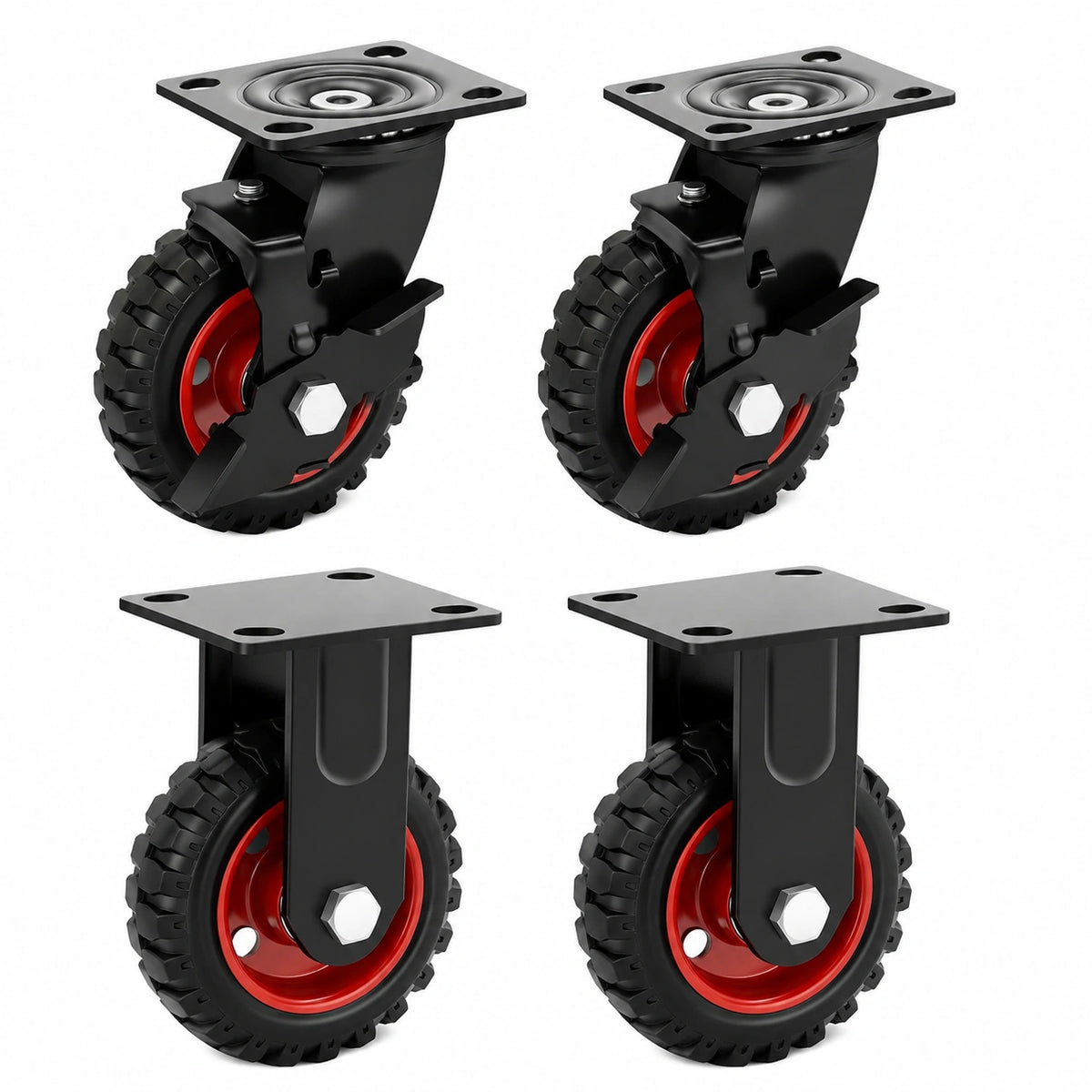 Set di 4 Ruote in Gomma Piena 125mm per Carichi Pesanti, 500kg, con 2 Girevoli Frenate e 2 Fisse